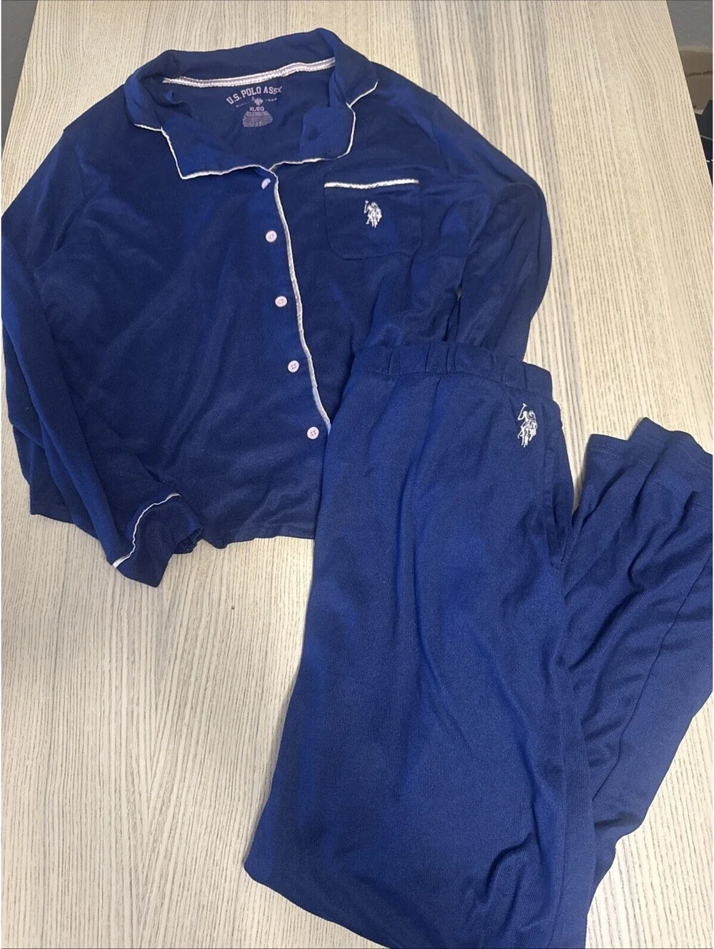 US Polo Assn Women’s Pajama Set Navy Blue Pink Piping Button Up Long Sleeve